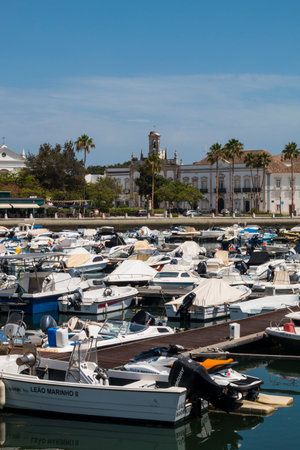 FARO, PORTUGAL - SEPTEMBER 8, 2020: colorful boats in the old harbor of Faro Marina, Portugal.のeditorial素材