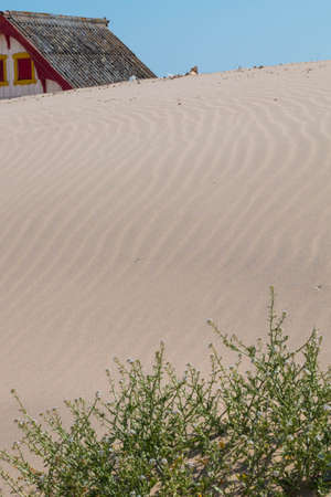 characteristic wooden house along the beach side at Costa da Caparica in Lisbon, Portugal.の写真素材