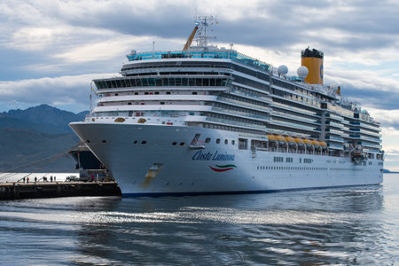 USHUAIA, ARGENTINA - april 04. 2018: big cruise ship at the Port of Ushuaia, the capital of Tierra del Fuego.のeditorial素材