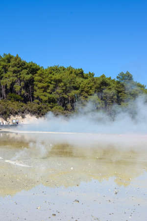 Geothermal Landscape with hot boiling mud and sulfur springs due to volcanic activity in Wai-O-Tapu, Thermal Wonderland New Zealandの写真素材