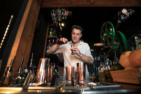 View of a professional bartender preparing a cocktail behind the counter of a beautiful and colorful cocktail bar using a shaker and bottles with fresh fruits in foreground, Lisbon, Portugal.の写真素材