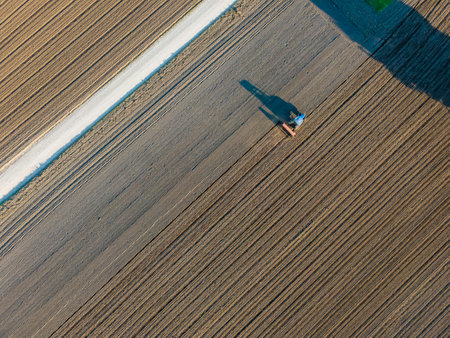 Aerial view of a tractor working in an agricultural field at sunset near Aquileia, Udine, Friuli Venezia Giulia, Italy.の写真素材