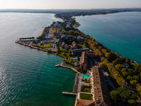 Aerial view of Sirmione town along Garda lake in Lombardy, Italy.の写真素材