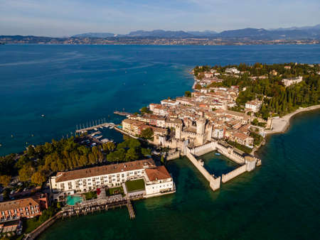Aerial view of Castello Scaligero (Scaligero Castle), an ancient fortress along Sirmione coastal, Lombardy, italy.の写真素材