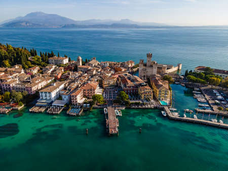 Aerial view of Castello Scaligero (Scaligero Castle), an ancient fortress along Sirmione coastal, Lombardy, italy.の写真素材