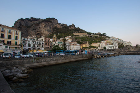 AMalfi, Italy : 03 april 2019 : Panoramic view of beautiful Amalfi on hills leading down to coast, Campania, Italy. Amalfi coast is most popular travel and holiday destination in Europeのeditorial素材