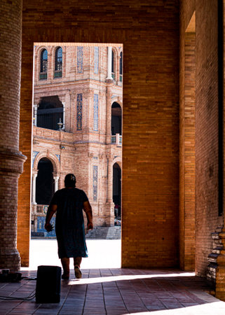 Seville, Spain: 03-07-2021: Seville Sevilla Plaza de Espana in Andalusia Spain square. is a square in the Parque de Maria Luisa, Historical landmark. Arabic ceramic style.のeditorial素材