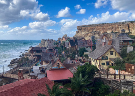 Popeye Village: 20-10-2021: Colorful Popeye Village view. Popeye Village is the most popular touristic attraction in Maltaのeditorial素材
