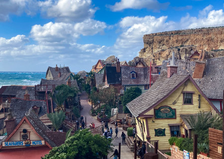 Popeye Village: 20-10-2021: Colorful Popeye Village view. Popeye Village is the most popular touristic attraction in Maltaのeditorial素材