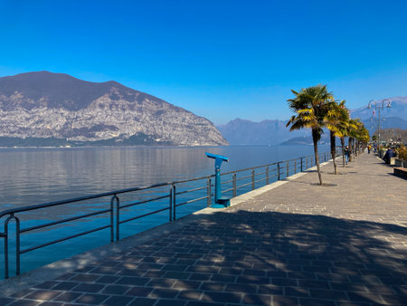 Bergamo, Italy: 10-02-2022: Panoramic of Lake Iseo, the fourth largest lake in Lombardy, Italy, fed by the Oglio River.のeditorial素材