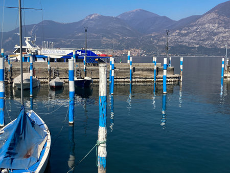 Bergamo, Italy: 10-02-2022: Panoramic of Lake Iseo, the fourth largest lake in Lombardy, Italy, fed by the Oglio River.のeditorial素材
