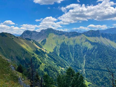 Panorama of the Switzerland Alpine mountains. Ridges, peaks and lakes are visible in the background. Beautiful view in the French Canton.の写真素材