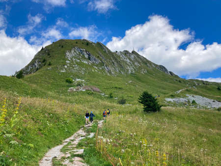 Panorama of the Switzerland Alpine mountains. Ridges, peaks and lakes are visible in the background. Beautiful view in the French Canton.の写真素材