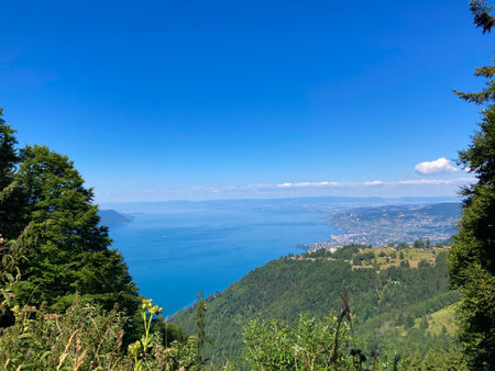 Panorama of the Switzerland Alpine mountains. Ridges, peaks and lakes are visible in the background. Beautiful view in the French Canton.の写真素材