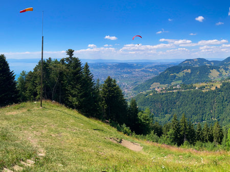 Panorama of the Switzerland Alpine mountains. Ridges, peaks and lakes are visible in the background. Beautiful view in the French Canton.の写真素材