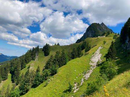 Panorama of the Switzerland Alpine mountains. Ridges, peaks and lake are visible in the background. Beautiful view in the French Canton.の写真素材