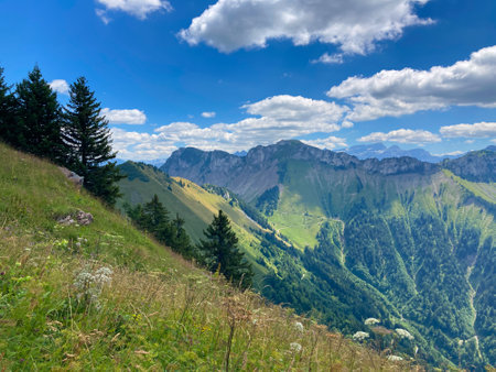 Panorama of the Switzerland Alpine mountains. Ridges, peaks and lake are visible in the background. Beautiful view in the French Canton.の写真素材