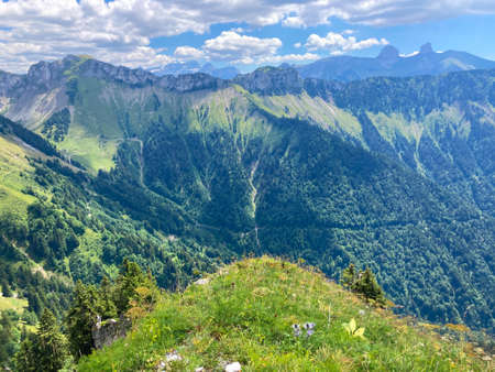 Panorama of the Switzerland Alpine mountains. Ridges, peaks and lake are visible in the background. Beautiful view in the French Canton.の写真素材