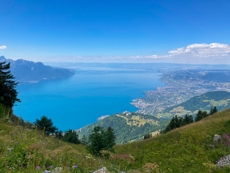 Panorama of the Switzerland Alpine mountains. Ridges, peaks and lake are visible in the background. Beautiful view in the French Canton.の写真素材