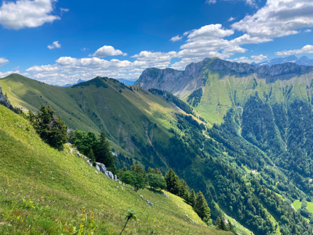 Panorama of the Switzerland Alpine mountains. Ridges, peaks and lake are visible in the background. Beautiful view in the French Canton.の写真素材