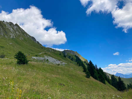 Panorama of the Switzerland Alpine mountains. Ridges, peaks and lake are visible in the background. Beautiful view in the French Canton.の写真素材