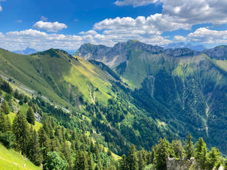 Panorama of the Switzerland Alpine mountains. Ridges, peaks and lake are visible in the background. Beautiful view in the French Canton.の写真素材
