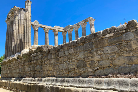 Evora, Portugal: 09/06/2021: Ancient roman temple of Diana in the old city of Evora, Portugal....