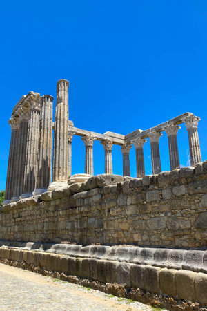 Evora, Portugal: 09/06/2021: Ancient roman temple of Diana in the old city of Evora, Portugal. Historical ruins part of the UNESCO World Heritage Siteのeditorial素材