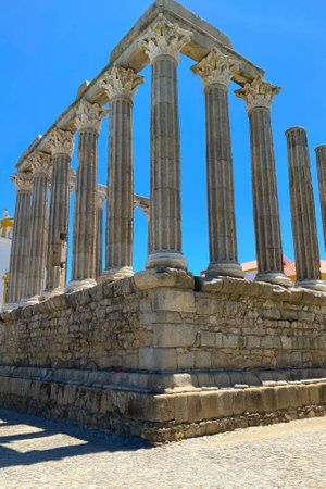 Evora, Portugal: 09/06/2021: Ancient roman temple of Diana in the old city of Evora, Portugal. Historical ruins part of the UNESCO World Heritage Siteのeditorial素材