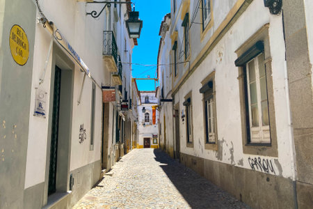 Evora, Portugal: 09/05/2021: Street view with beautiful old residential buildings in Evora city in...