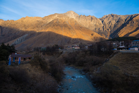 Kazbegi, Georgia : 10-11-2022 : Village Of Gergeti In Georgia, with the beautiful Caucasus mountain...