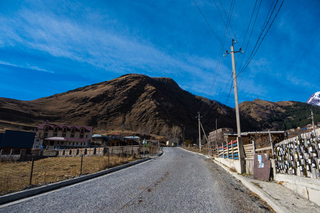 Kazbegi, Georgia : 10-11-2022 : Village Of Gergeti In Georgia, with the beautiful Caucasus mountain...