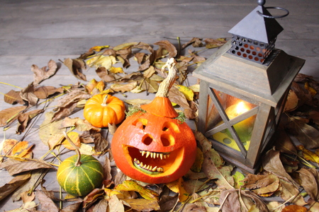 Funny pumpkin and a lanternの写真素材