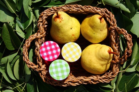 Pears and pear jelly in a basket