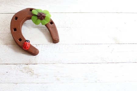 A rusty horseshoe with a lucky clover and a ladybug