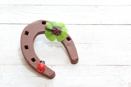 A rusty horseshoe with a lucky clover and a ladybugの写真素材