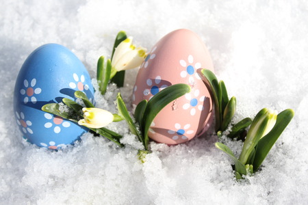 spring snowflakes and easter eggsの写真素材