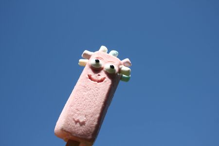 Ice cream on a stick with a face and the blue skyの写真素材