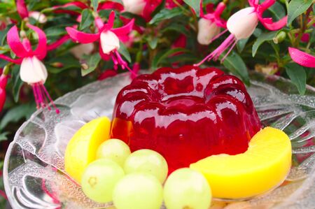 Red jelly and blossoming fuchsia