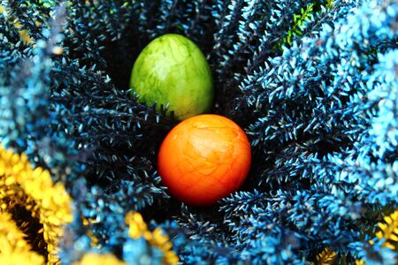 Two easter eggs in blue heatherの写真素材