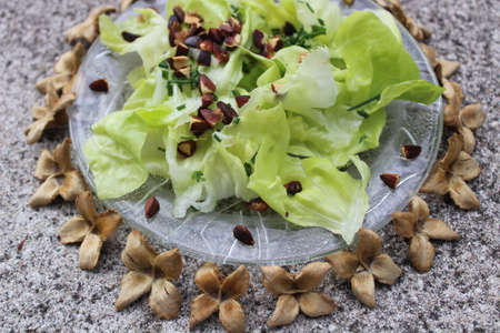 delicious salad with roasted beechnutsの写真素材