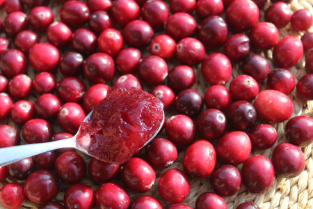 cranberries on a spoon and marmaladeの写真素材
