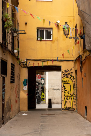 View of the narrow streets of El Born, Barcelona.の写真素材