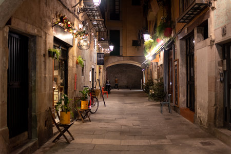 Narrow street in the old town of Barcelona, the born.の写真素材
