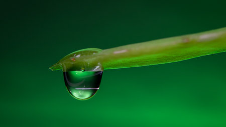 dew drop on a green leaf in macro close-upの写真素材