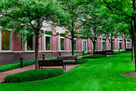outdoor building courtyard and brick walkwayの写真素材