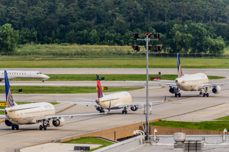 Airplanes on the ramp at Houston Intercontinental Airportのeditorial素材