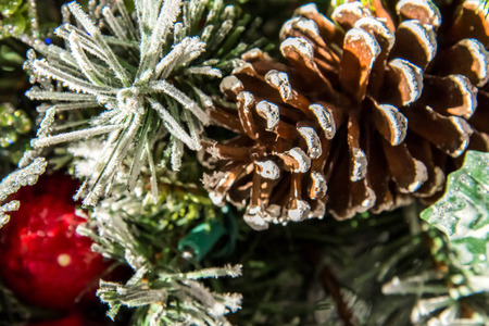 Christmas decorations, ornaments and pine cone in a treeの写真素材