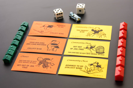February 8, 2015 - Houston, TX, USA.  Monopoly pieces and Community Chest and Chance cards