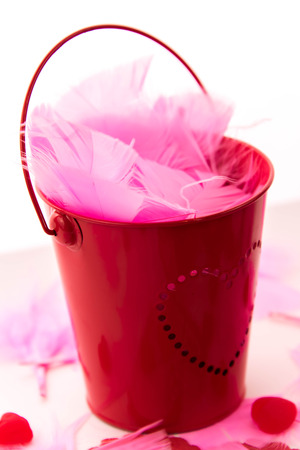 Valentines Day decorations, pink feathers and heart shaped candiesの写真素材